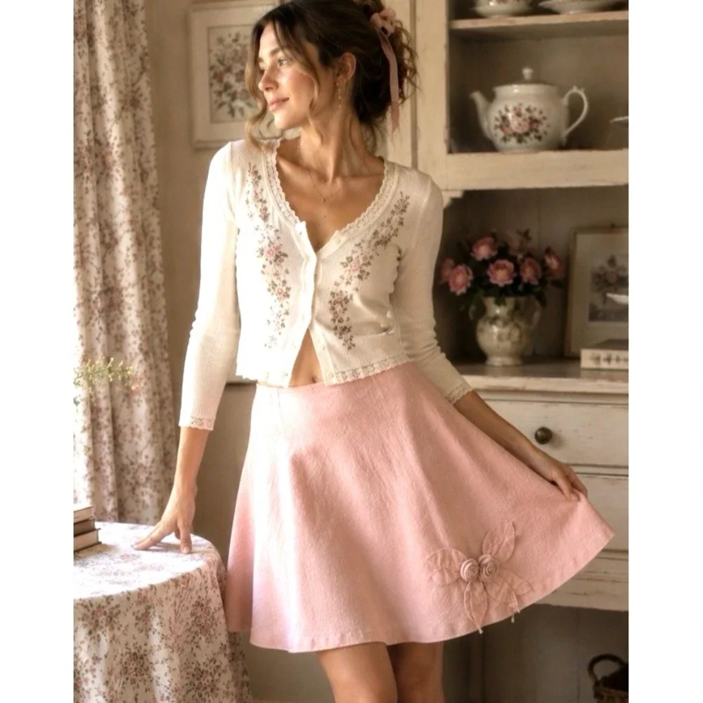 Kenar Linen 3D Floral Knee Length Skirt Size 10 Light Pink Soft‎ Girl Cottage